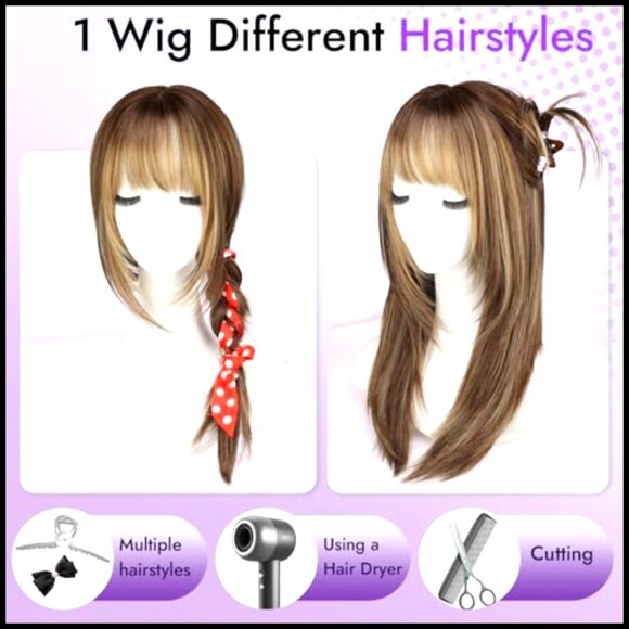 Synthetic Wig with Bangs Glueless Realistic Scalp Everyday Use Face-Framing